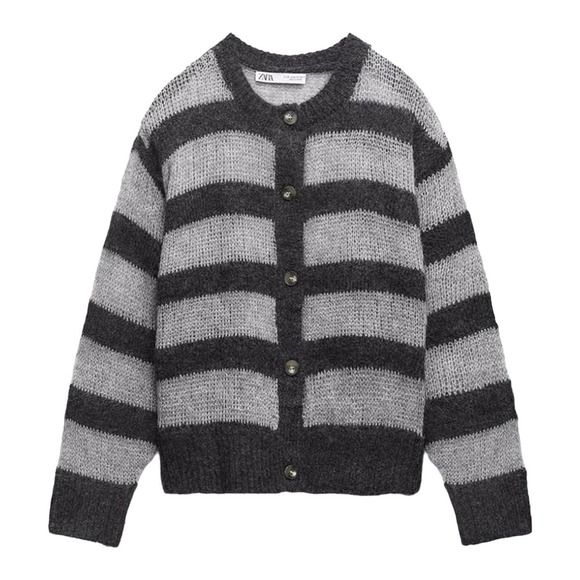 Zara Sweaters - SOLD Zara Striped Alpaca Wool Cardigan oversized Open Knit Gray Black Small